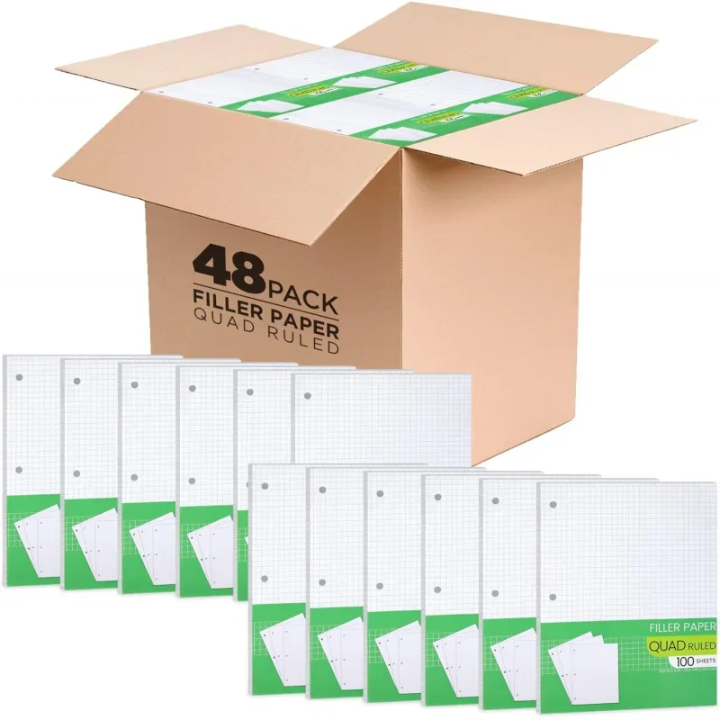 Graph Paper, Filler Paper Loose leaf r - 8” x 10.5  Ruled, 4x4 Quad Notebook Paper, 3 Hole Punched