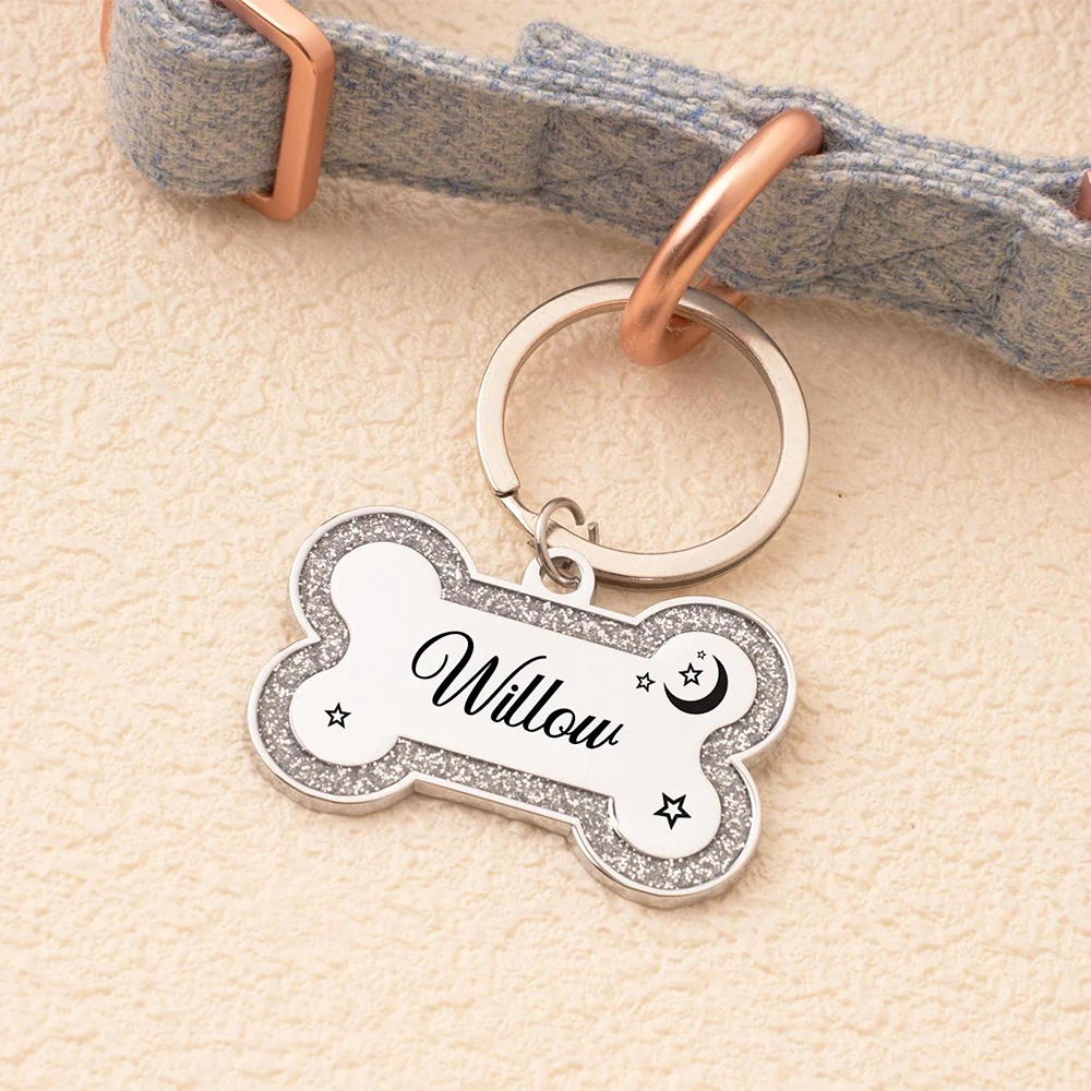 

Custom Engraved Dog Name Tag Personalized Text Shiny Glitter Bone Pet Tag for Collar Cute Dog Collar Tag Accessorie Gift for Pet