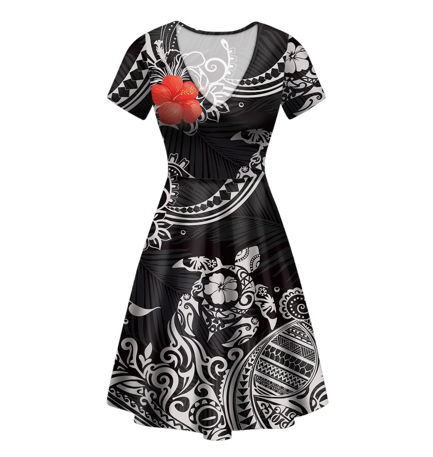 Women's Hawaiian Traditional Tribal Clothing, Hibiscus Tattoo Print Dresses, Short Sleeve Corset Dress, Lady Robe, Summer