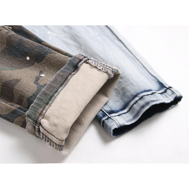 Patchwork stitching color matching jeans men's street fashion design cool smart fashion trend unique slim fit skinny pants