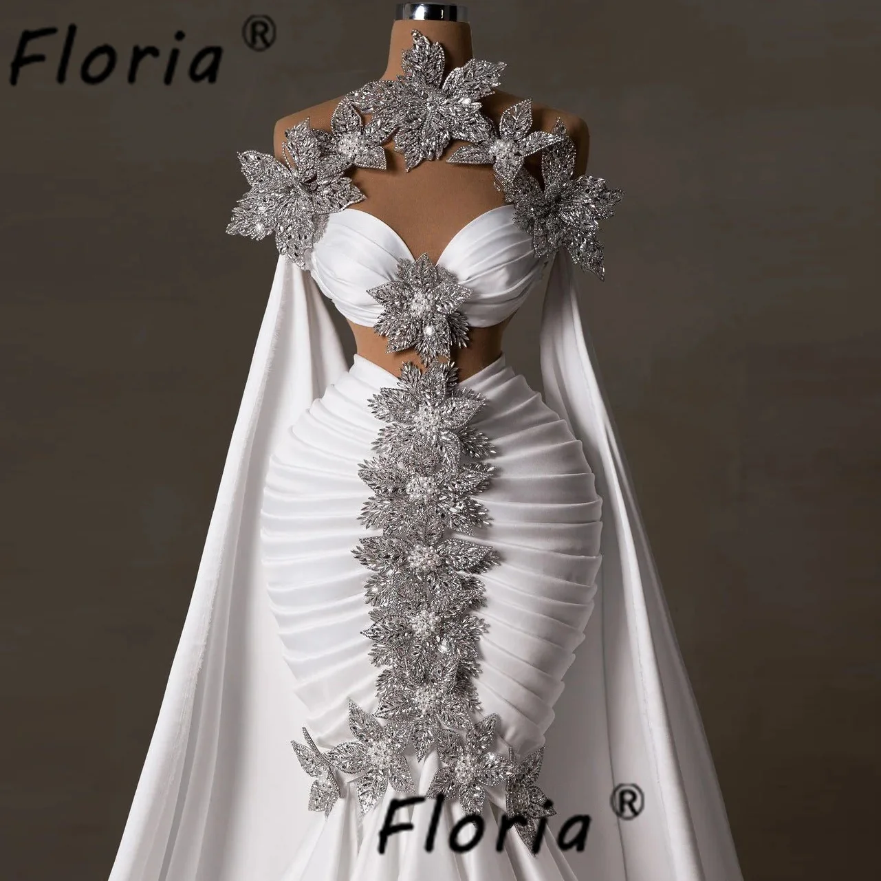 Luxury White Beaded Wedding Dresses For Woman Appliques 3D Flowers Mermaid Party Dress Long Cape Prom Gowns Vesitdos de fiesta