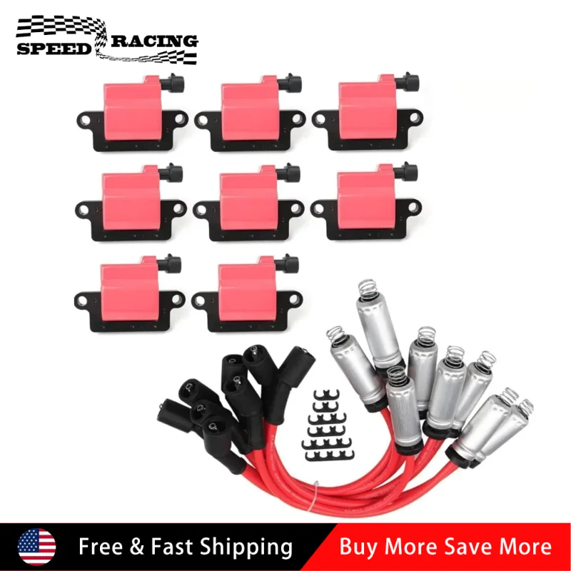 

12556893 38590782 8pcs Square Ignition Coil & Spark Plug Wire For 2004-2005 Workhorse Fastrack FT1061 FT1461 FT1601 FT1801 Red