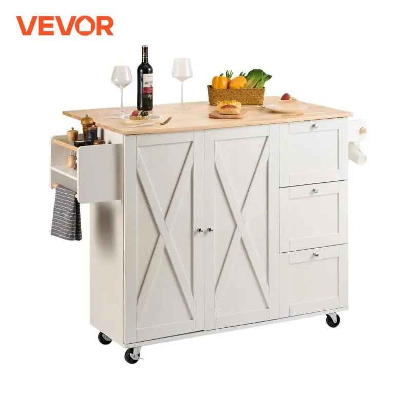 VEVOR Îlot Central Desserte de Cuisine à Roulettes 115 cm avec Armoire 3 Tiroirs