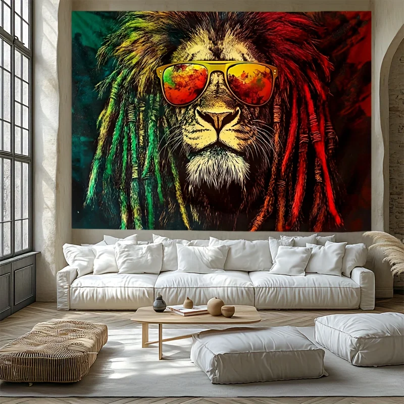 Colorful Lion Tapestry: Vibrant Dreadlocks and Sunglasses for a Bold and Eclectic Home Decor