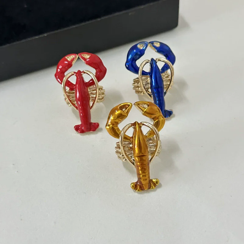 Colorful Enamel Lobster Shaped Metal Rings for Women Girls Ocean Style Exaggerated Trendy Jewelry Finger Accessory
