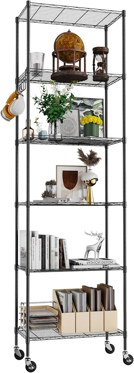 

6-Tier Storage Shelf Units, Adjustable Wire Shelving with Wheels, Metal Shelves with Stainless Side Hooks,
