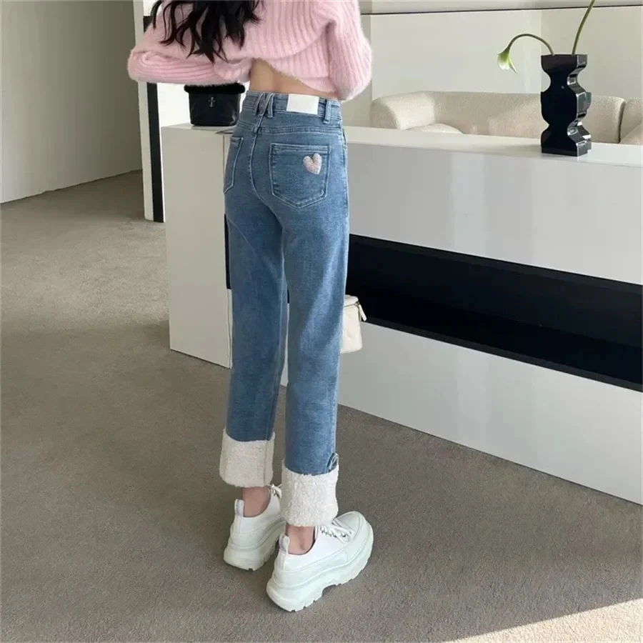 Sweet Thicken Plush y2k Jeans Women Winter Add Velvet Ankle Length Straight Vaqueros Korean Patchwork Warm High Waist Denim Pant