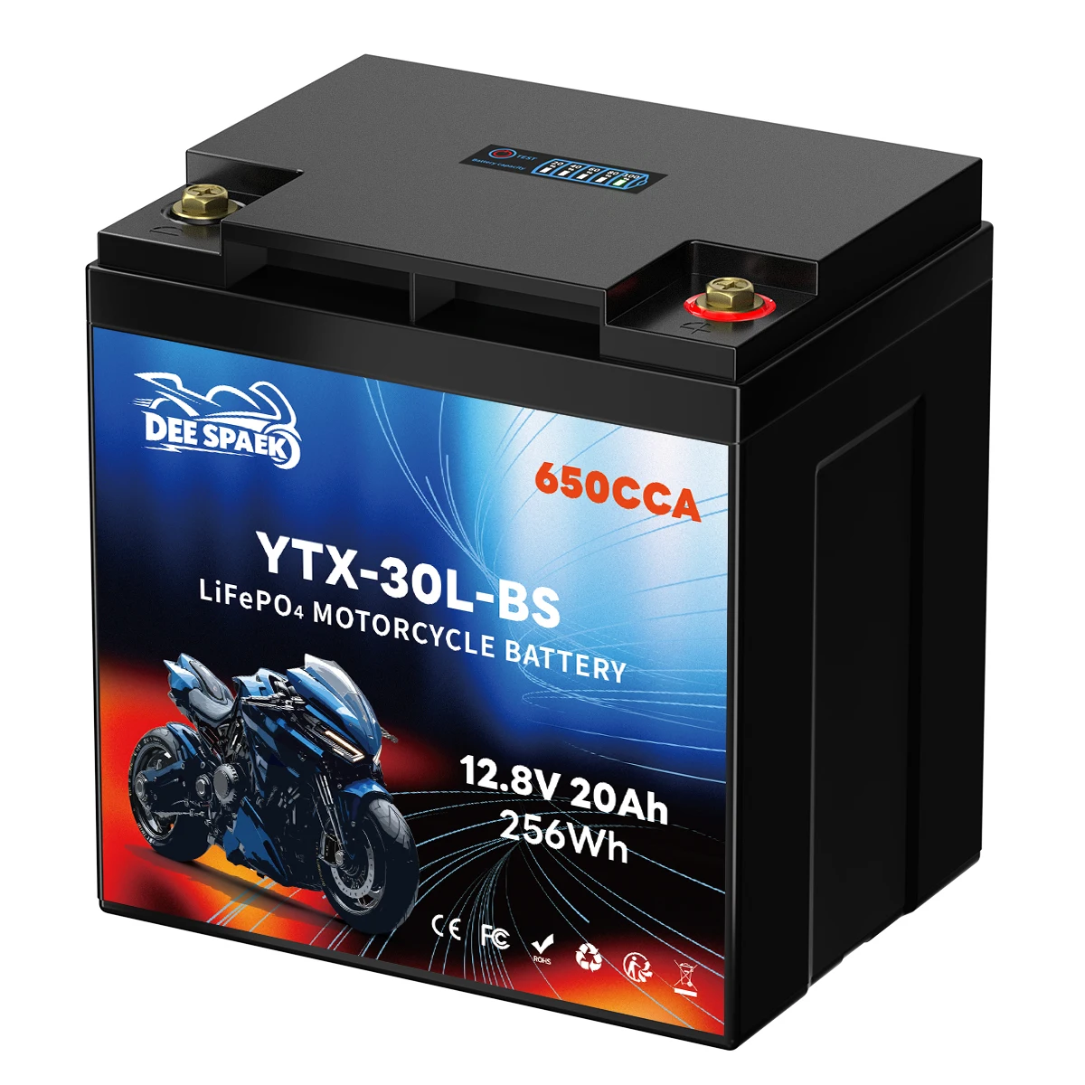 DEESPAEK 30L-BS Motorrad-Starterbatterie 12V 20Ah CCA 650 LiFePO4-Batterie Lithium-Eisenphosphat-Batterie mit BMS für ATV UTV Roller Schneemobil