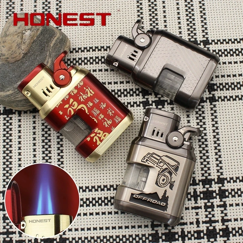 HONEST Metal Double Flame Cigar Lighter Outdoor Windproof Perspective Window Inflatable Lighter High End Men's Smoking Gift