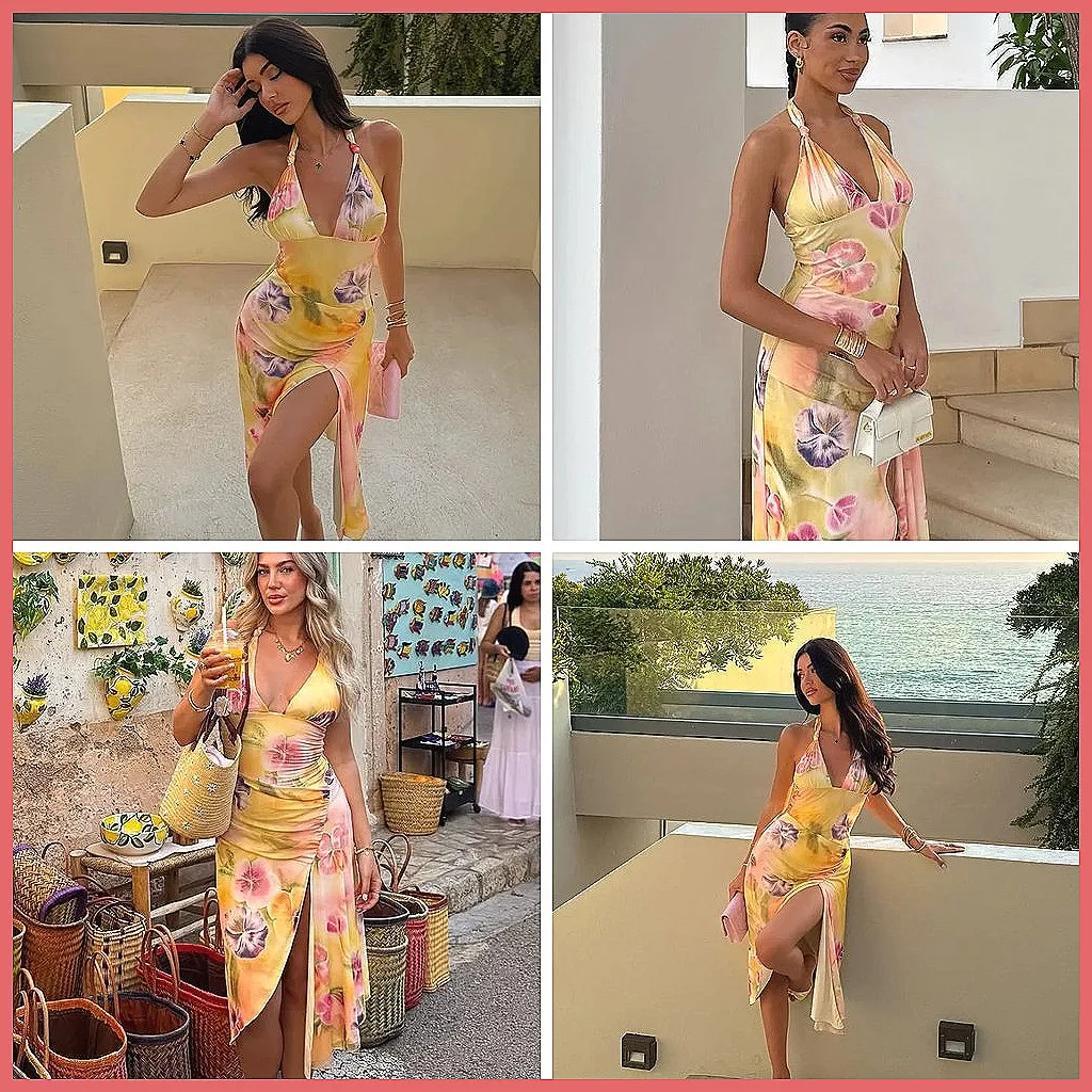 

Chic Floral Print Split Halter Dress - Backless Sleeveless High Waist Midi Dress for Vacation