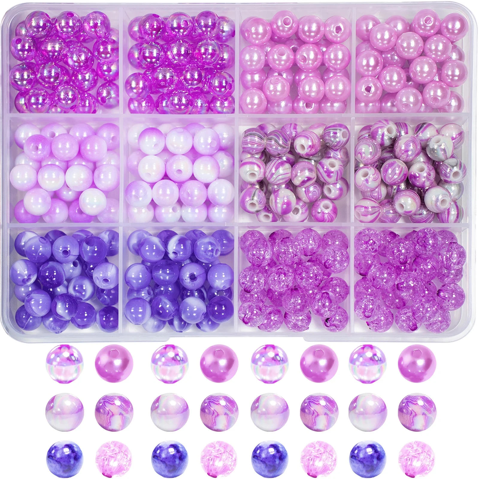 280pcs 8mm Purple Color Acrylic Beads 12/Grid Box Set for DIY Jewelry Making Bracelet Necklace Materials