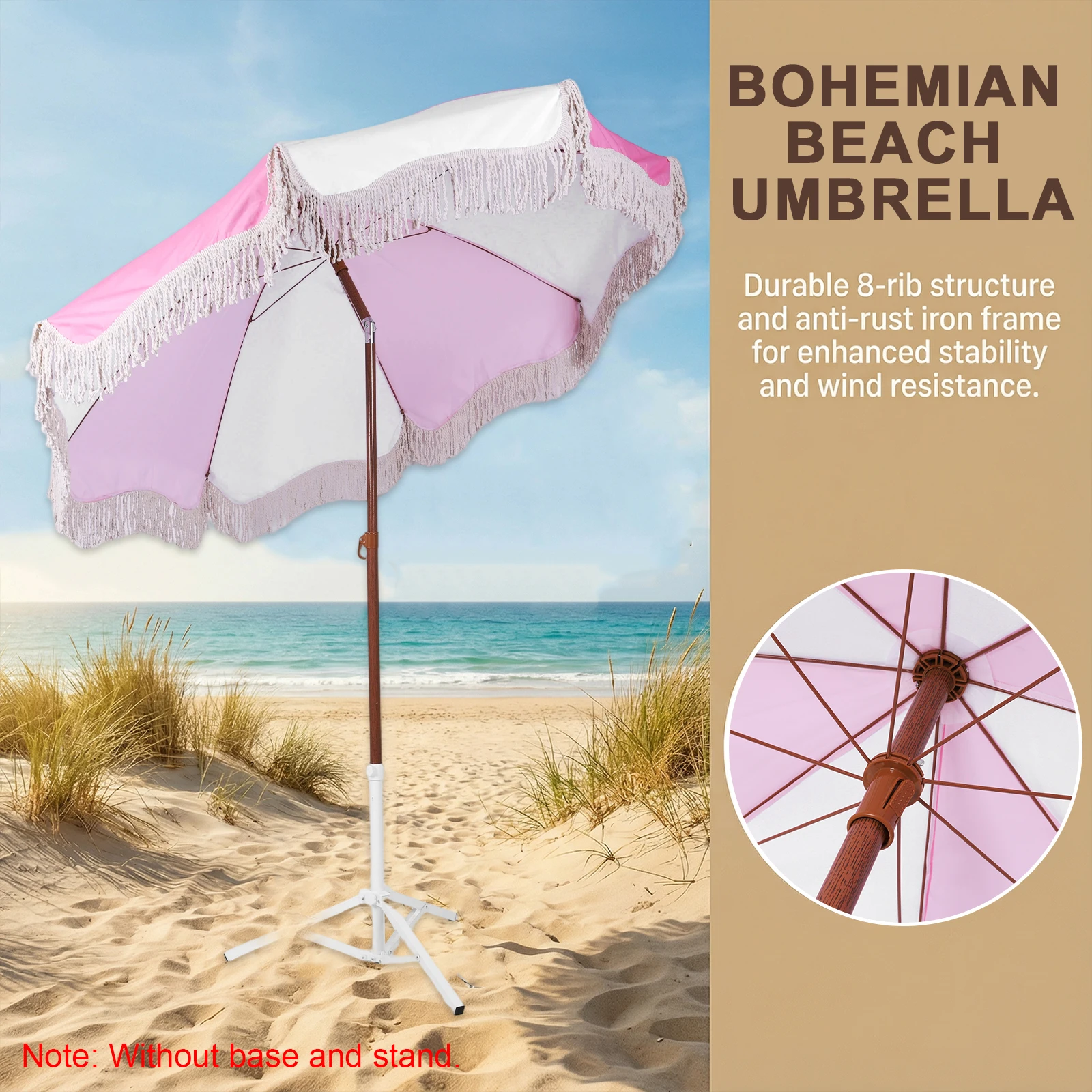 Boho Beach Umbrella with Fringe Adjustable Patio Umbrellas Protection Parasol for Garden Table Pool (White Pink)