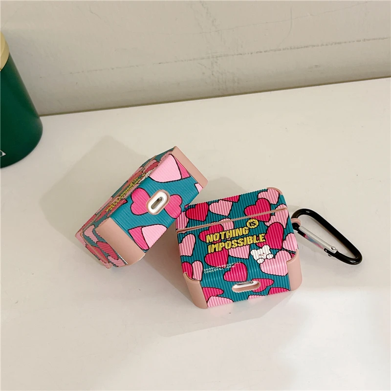 イン韓国落書き愛ハートイヤホンapple airpods 1 2 3プロ正方形ワイヤレスbluetoothヘッドセット革ケースcoque