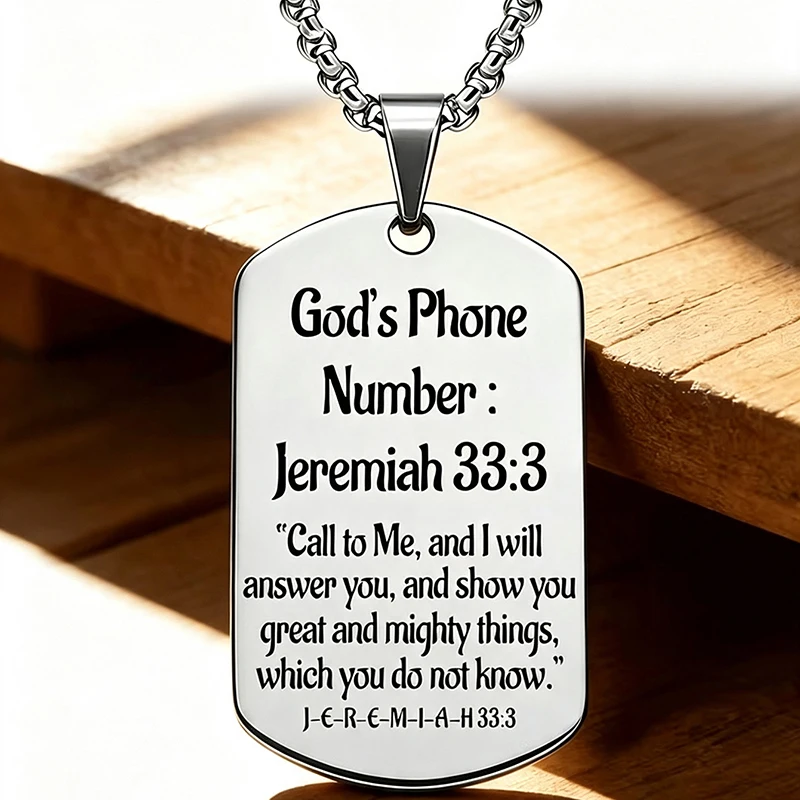 Stainless Steel God’s Phone Number Dog Tag Necklace Engraved Jeremiah 33:3 Bible Verse Pendant Religious Jewelry Gift