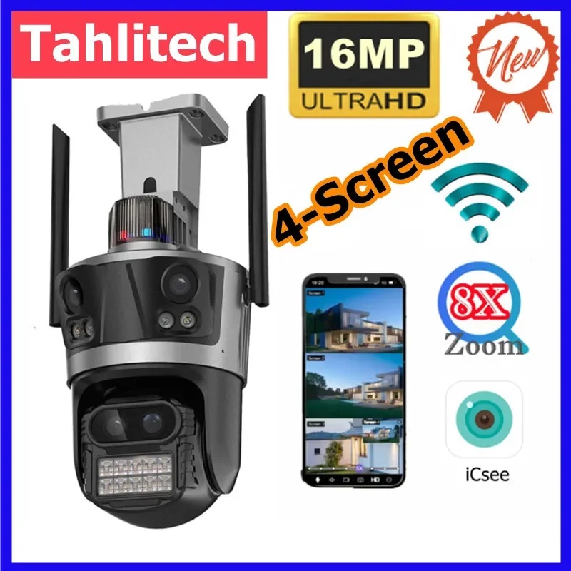 Kamera pengawas WiFi 8K 16MP, kamera IP empat lensa, Zoom optik 8X, pelacakan otomatis CCTV Alexa ICsee kamera keamanan baru