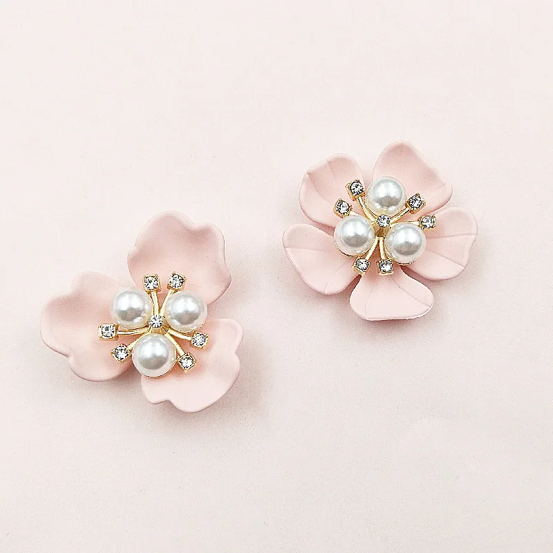 5 Pcs Rhinestone Pearl Accessories Pink Flower Button for DIY Brooch Headwear Bridal Fan Bouquet Crafts Material Jewelry Making