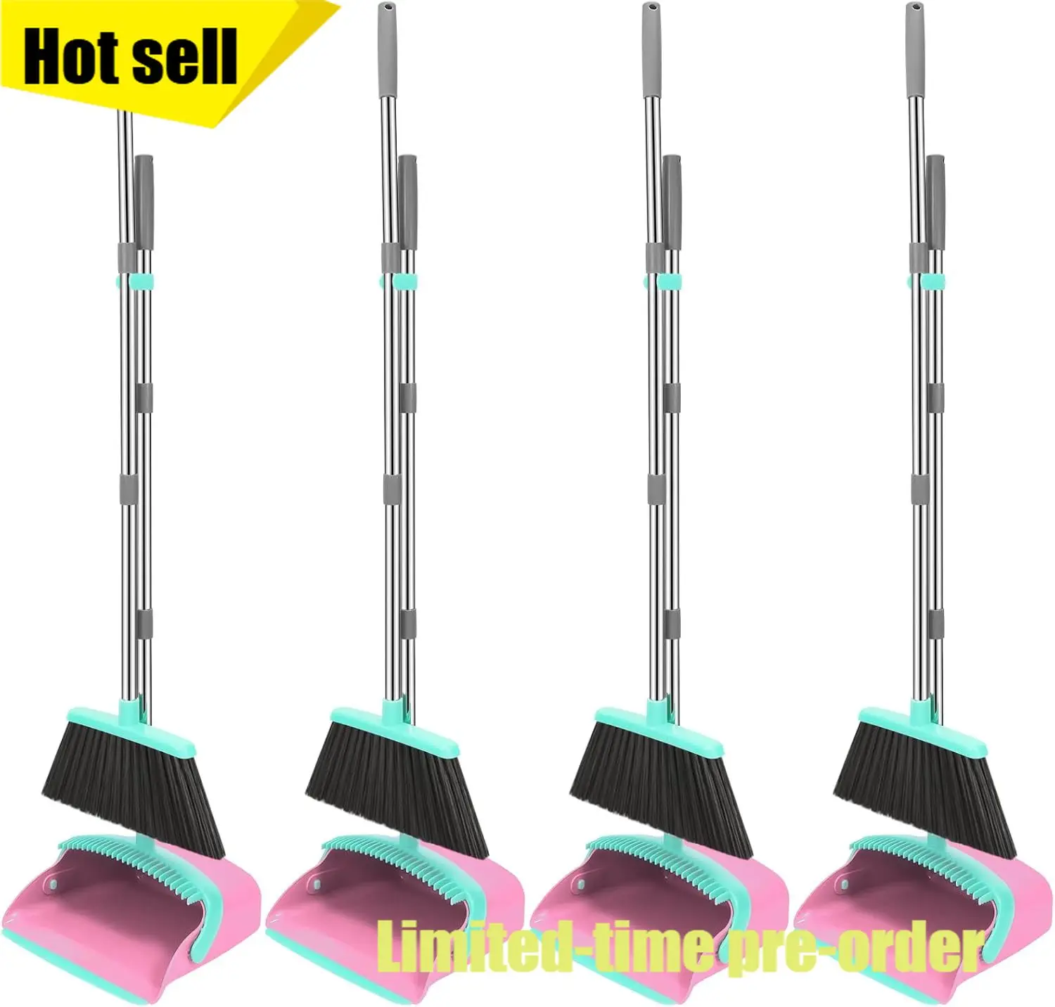 

4 Pack Adjustable Long Handle Broom And Dustpan Combo With Hair Cleaning Teeth For Home Kitchen Office Hall Floors Pink Blue