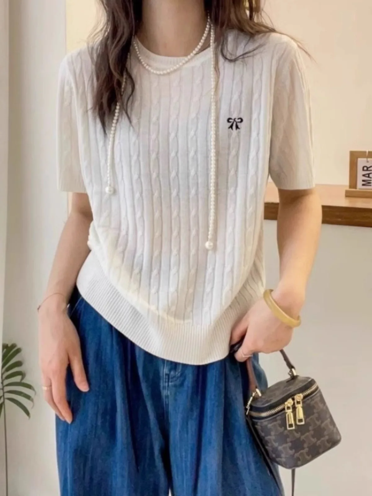 

Embroidery butterfly silk knitted short sleeve women's thin cotton thread T-shirt jacket cotton linen half sleeve summer