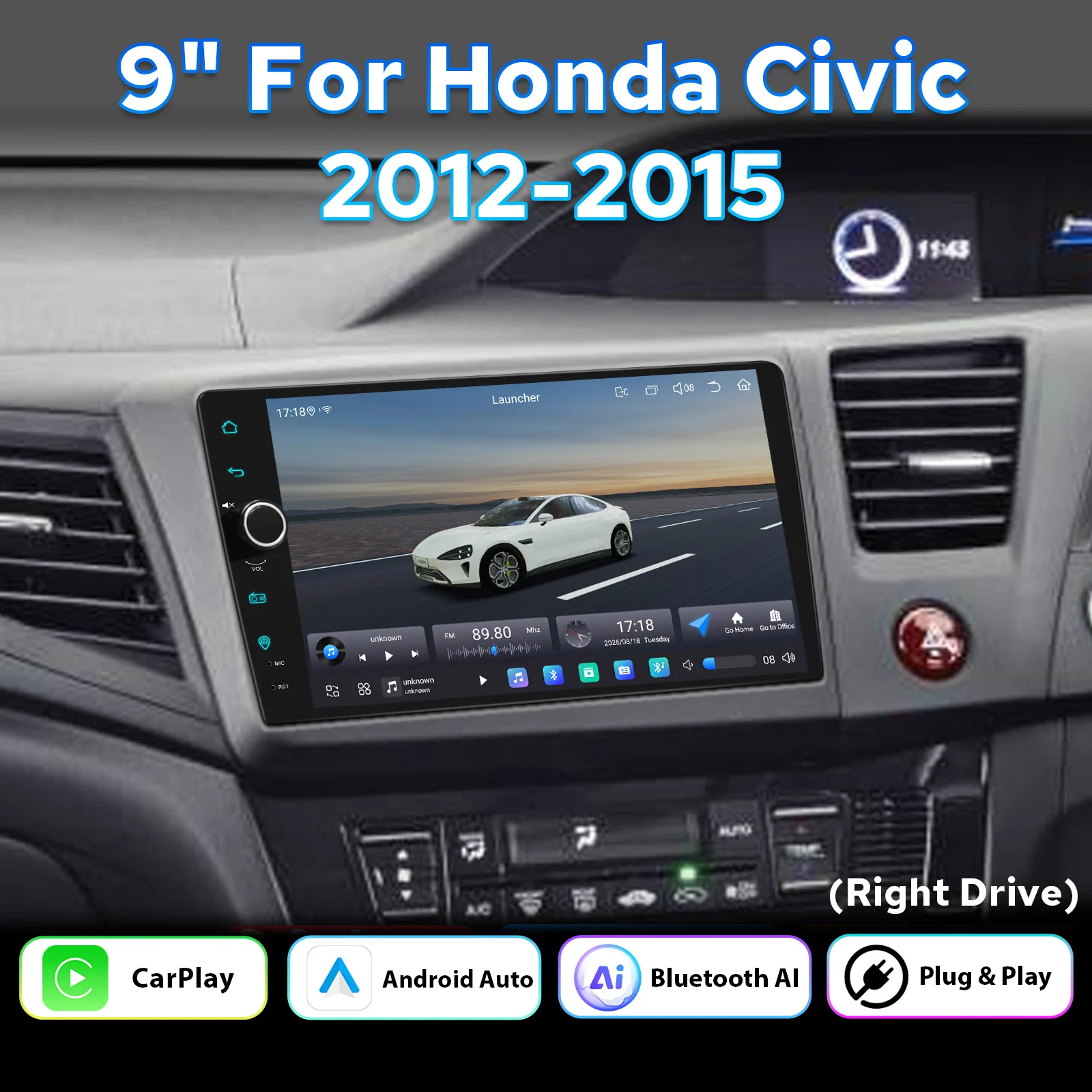 JOYING 9" Android Head Unit for Honda Civic 2012 2013 2014 2015 RHD Car Stereo Wireless CarPlay Android Auto GPS DSP SWC