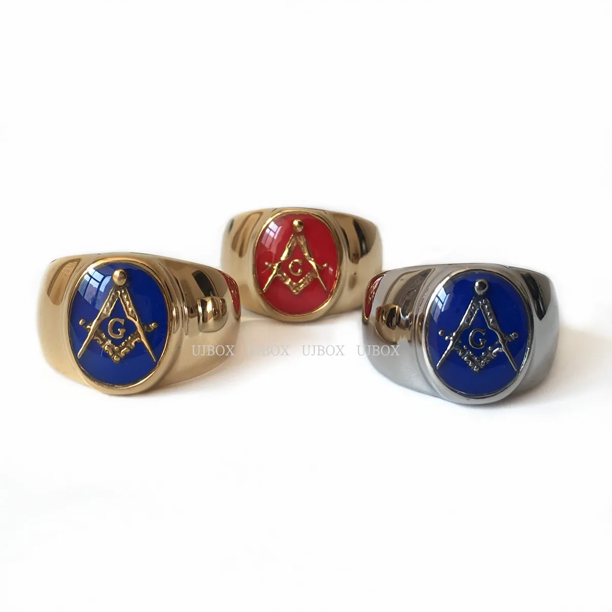 

Fashion Masonic Rings for Men Women Gold Plated Stainless Steel Trendy Blue and Red Glue AG Free-Mason Rings US Size 7-15 R726G