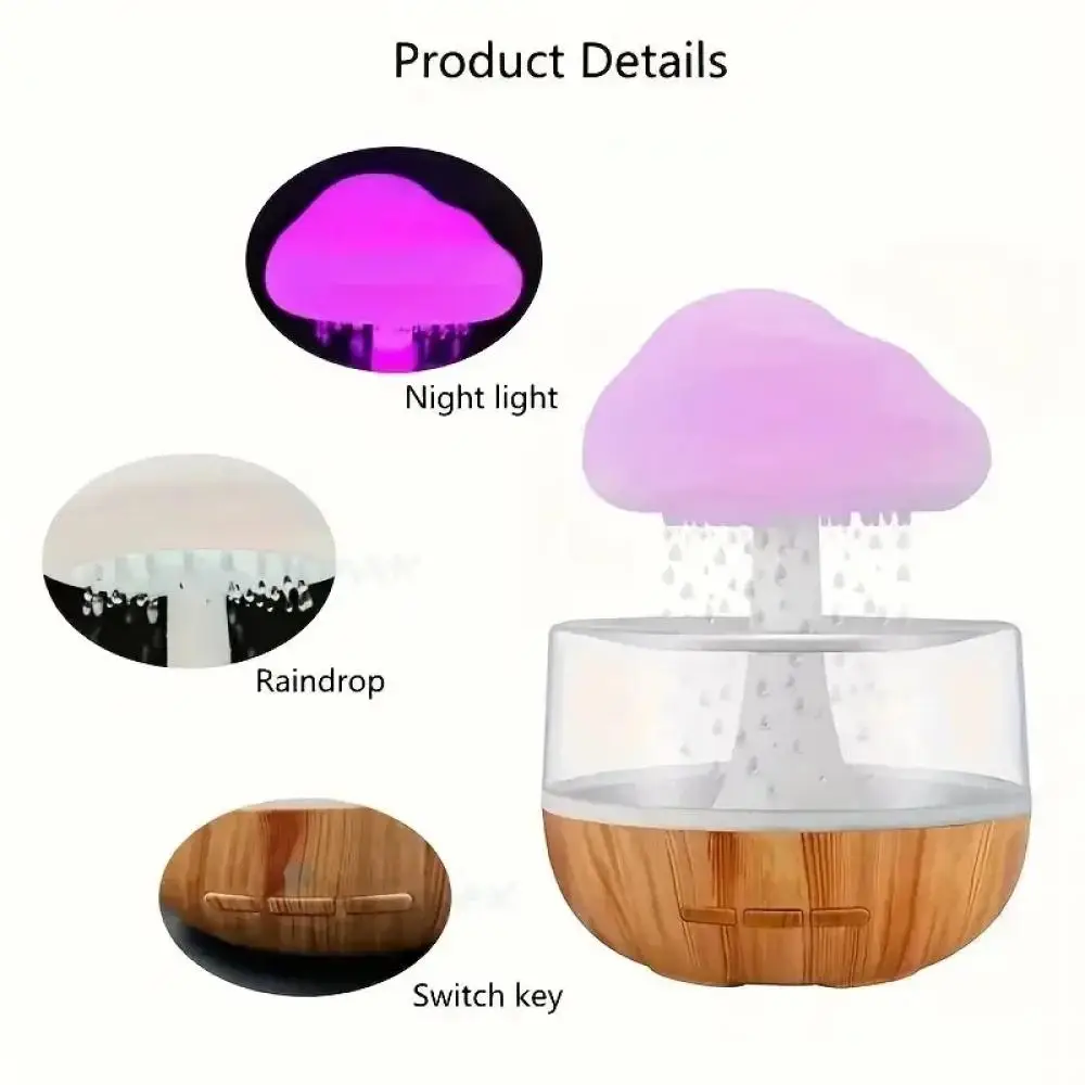 Rain Cloud Humidifier, Raindrop Mushroom Cloud Atmosphere Lamp, Mini Essential Oil Aroma Diffuser Night Light
