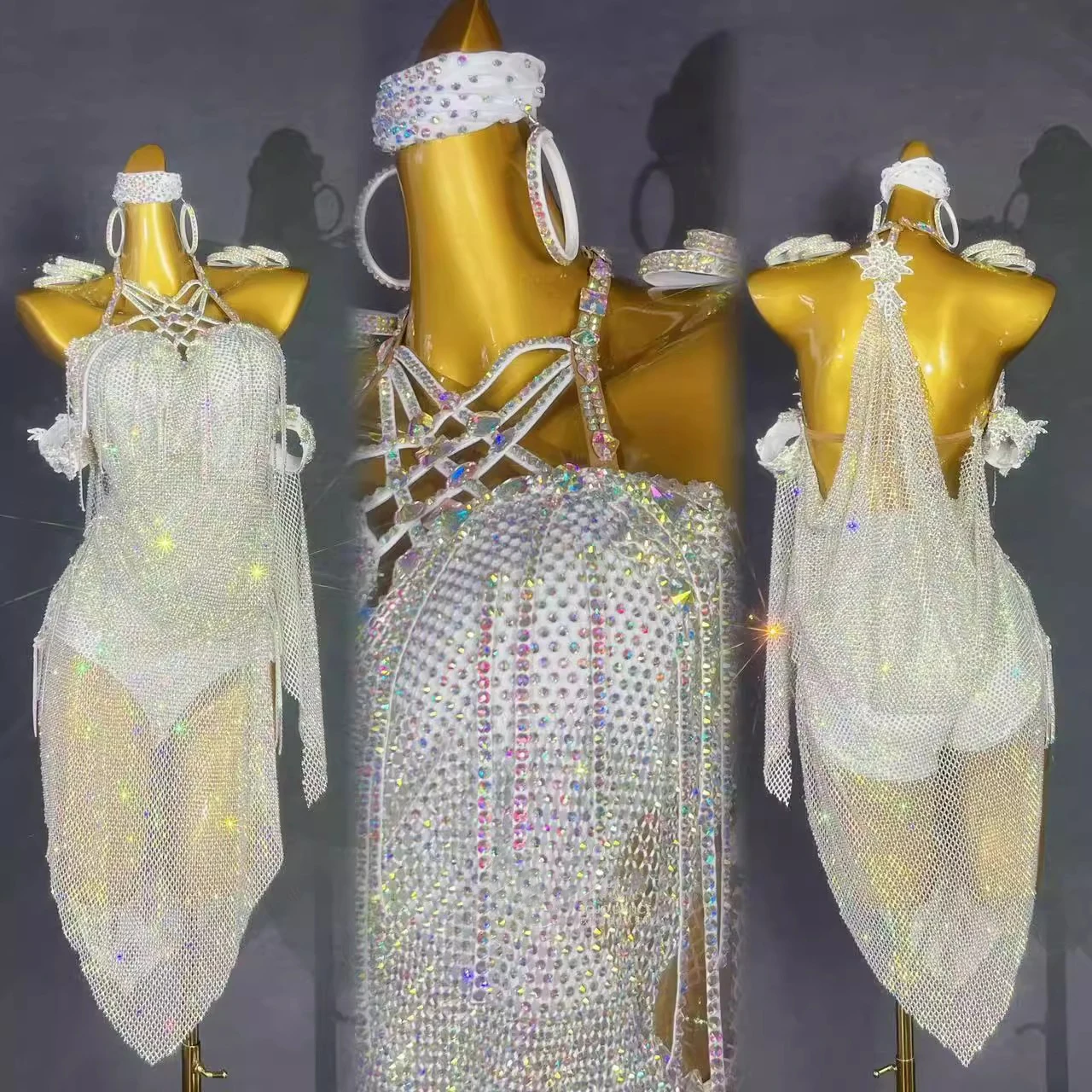 

Latin Dance Competition, High-end Customized Backless Hollow Diamond Mesh Samba Performance Dress for Women, Adults and Children