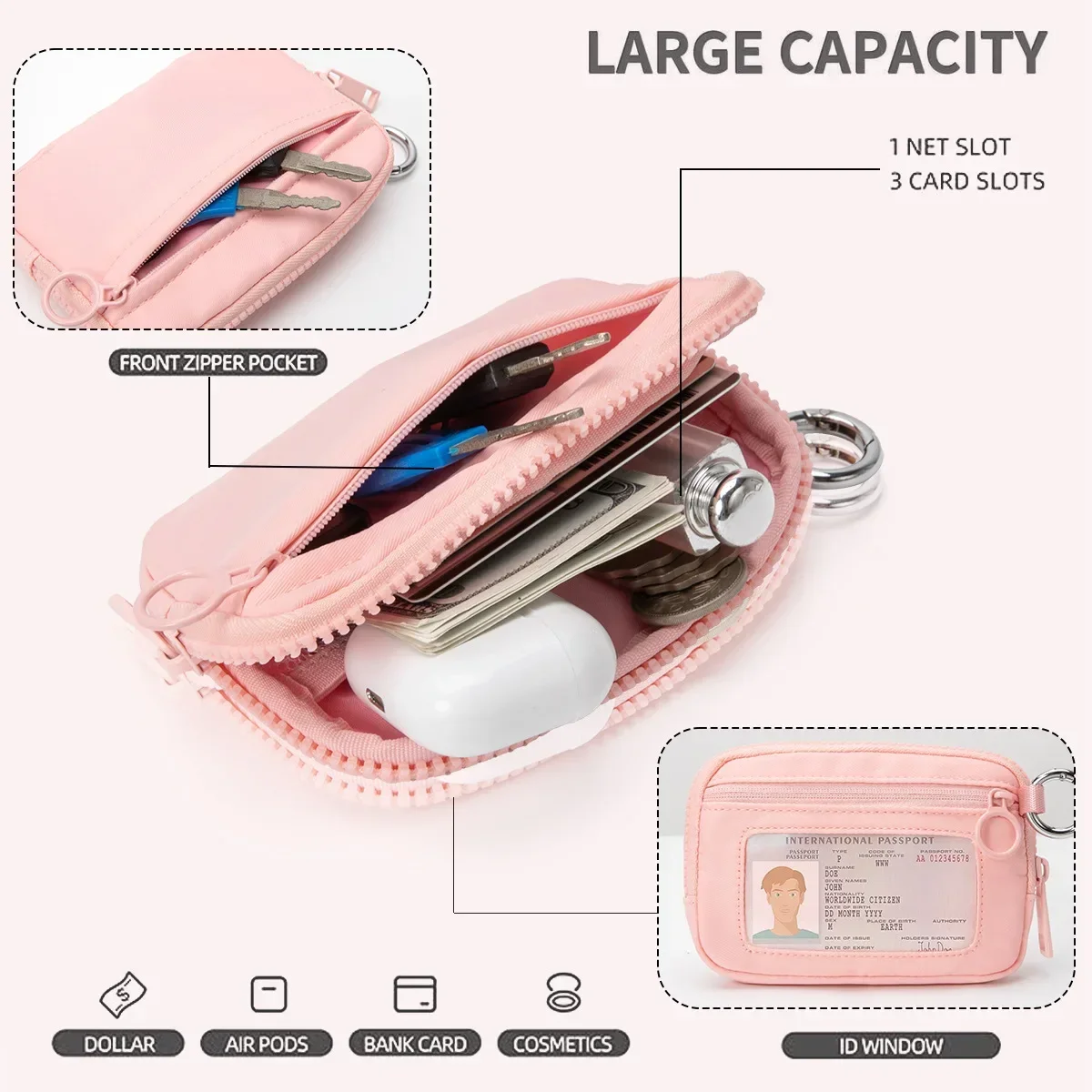 Women's Keychain Wallet The Iris Wallet Zip Waterproof Nylon Card Wallet Pouch Wristlet Zip Card Case with Clear ID Window