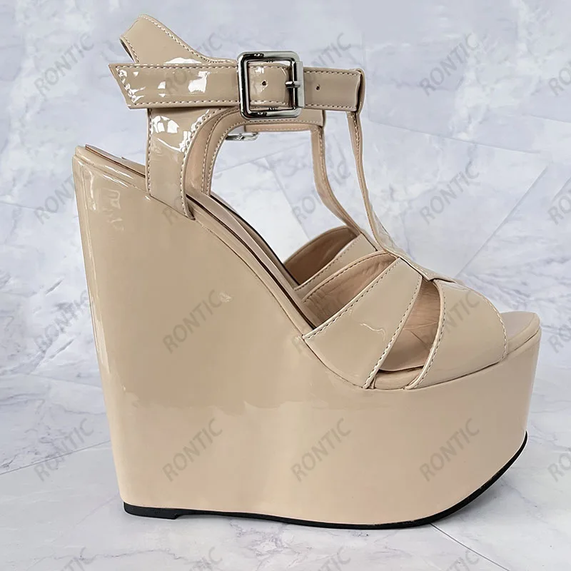 Rontic New Women Summer Platform T-strap Sandals Wedges High Heels Round Toe Beautiful Beige White Party Shoes US Plus Size 5-15