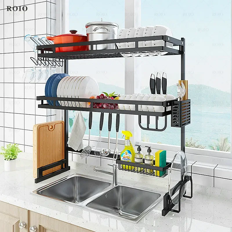 

1/2 Tier Multi-use Stainless Steel Dishes Rack Dual Sink Drain Rack Adjustable Kitchen Organizer Rack Dish Shelf Drying