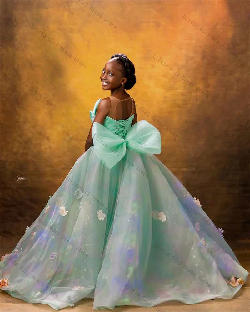 Green Princess Flower Girl Dress Sexy Sleeveless 3D Floral Bow Beaded Wedding Gown Kids Birthday Party Pageant Gown Customized