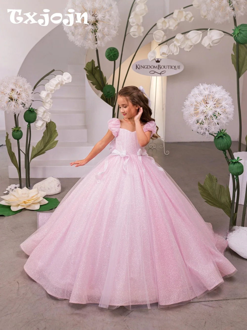 Sweet Pink Girls 3D Floral Dresses Stage Performance Wear Delicate Elegant Puff Sleeve Kids Princess Gown First Communion