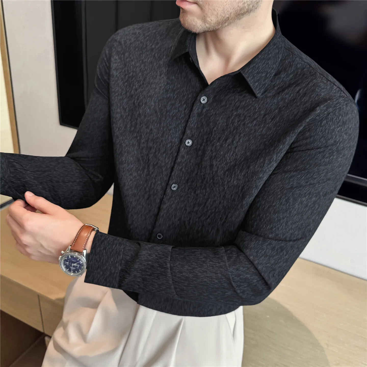 Autumn Winter Pleated Striped Shirt for Men Breathable Slim Long Sleeved Shirts Business Casual Dress Shirt Men Clothing 2025
