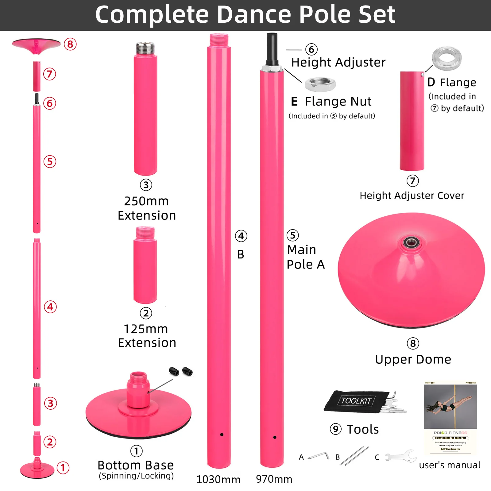 PRIOR FITNESS Dance Pole Stripper 45mm Heavy Duty Spinning Static Chrome Steel Portable Adjustable Pink for Home Gym