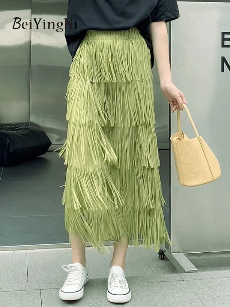 

Beiyingni Elegant Luxury High Waist Long Skirts Women Tassel 2025 Fashion Slim Straight Midi Skirt Female Casual Plain Faldas