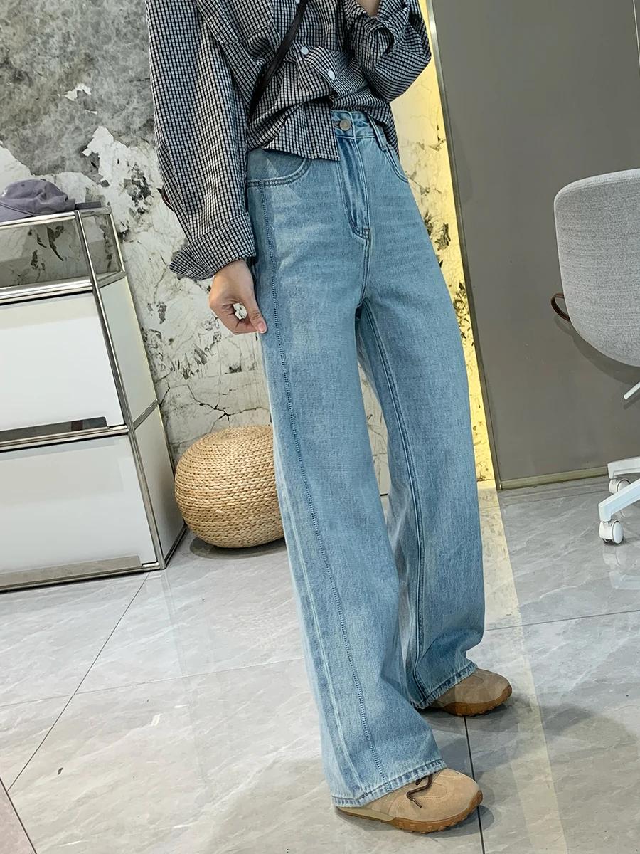 

Spring High Waist Loose Fit Straight Leg Jeans Women's Patchwork Sewing Line Slimming Wide Leg Long Pants Cotton Blend