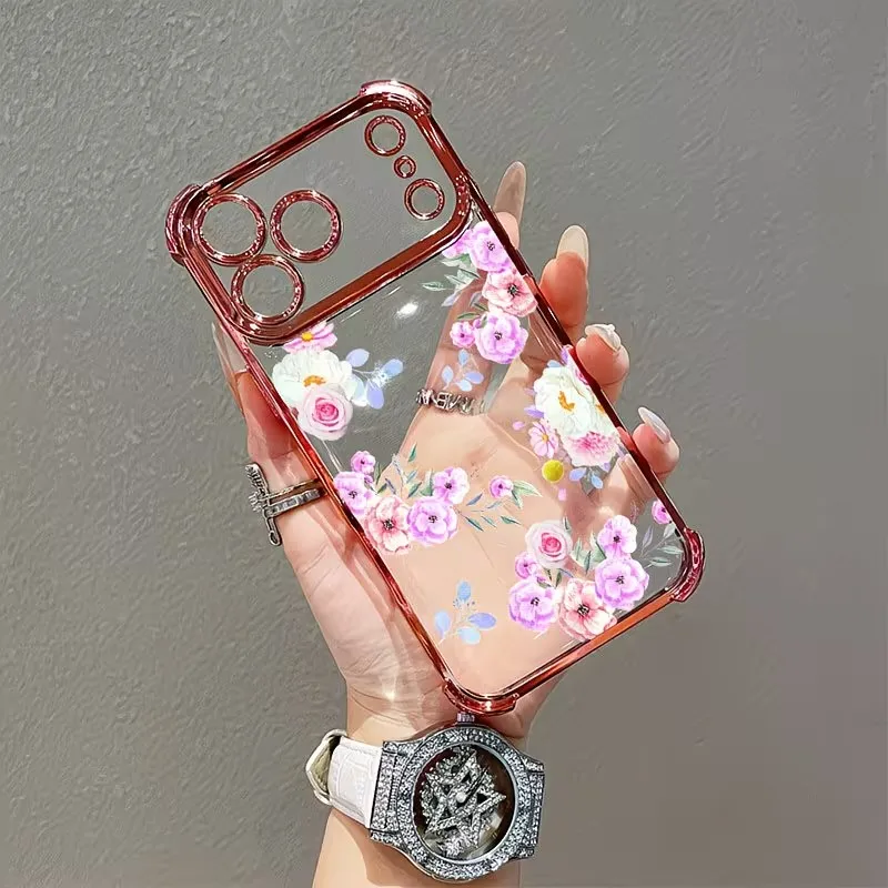 Simple Creative Floral Phone Case For iPhone 17 16 15 14 13 12 11 Pro Max Plus Air 17e 16e Plating Airbag Protection Cover - view 4