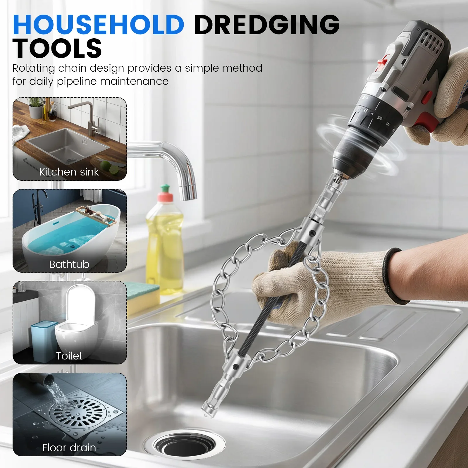 Flex Shaft Sewer Descaling Chain Metal 16mm Dual Chain Pipe Cleaning Tool Kitchen Sink Bathroom Tub Drain Cleaner Attachment