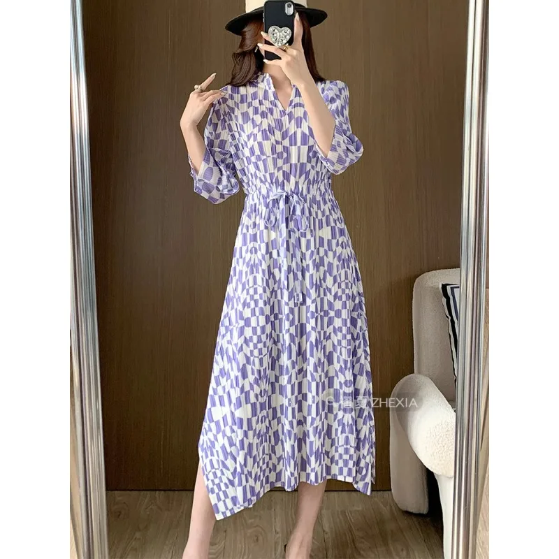 Miyake Pleated Dress for Women's Summer New High-end Printed V-neck Drawstring Elastic Waist Mid Sleeved Dress for Women