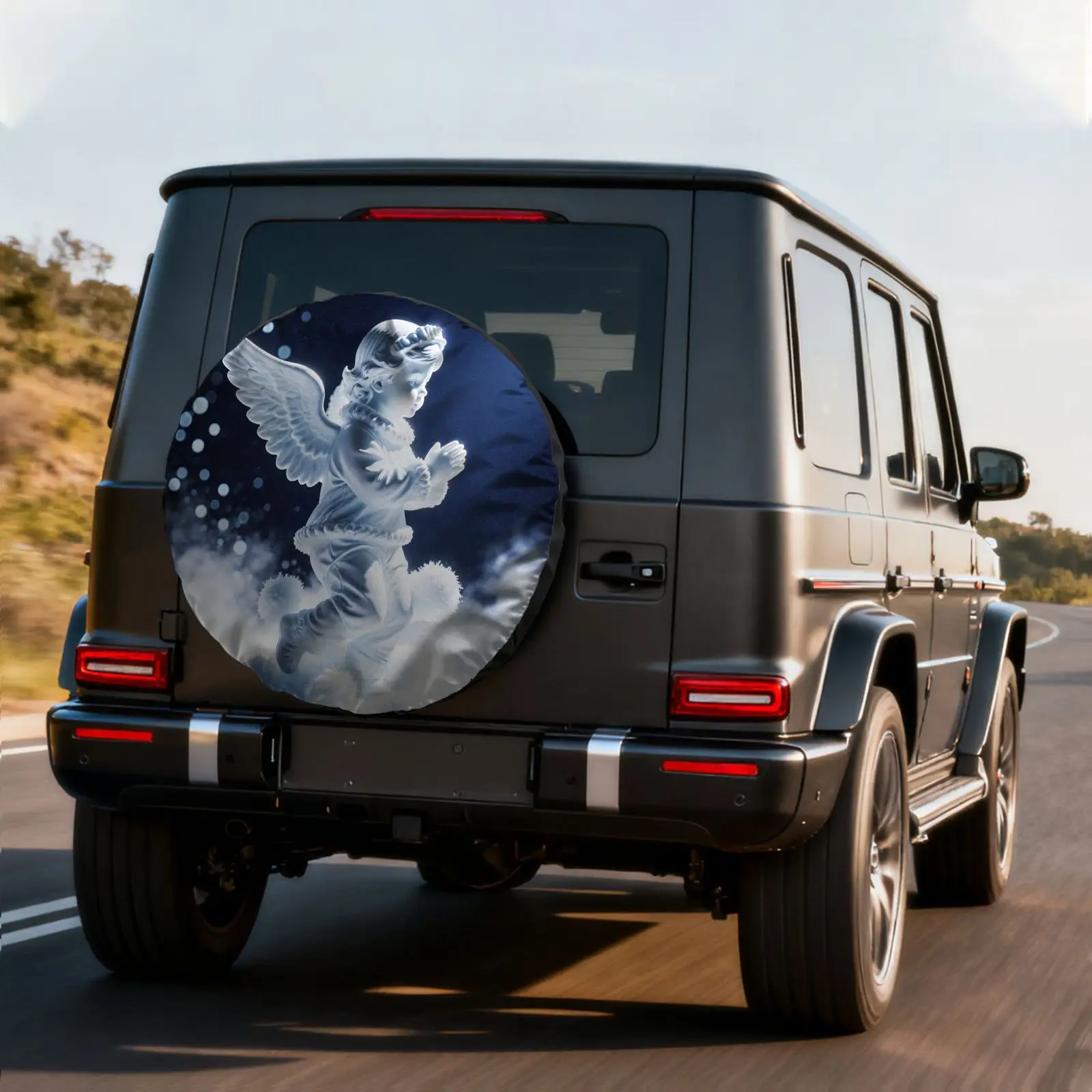White Ceramic Angel Pattern Polyester Fiber Tire Cover, Winter Snow Scene Atmosphere Angel-Shaped Spare Tire Protector, Soft, Wa