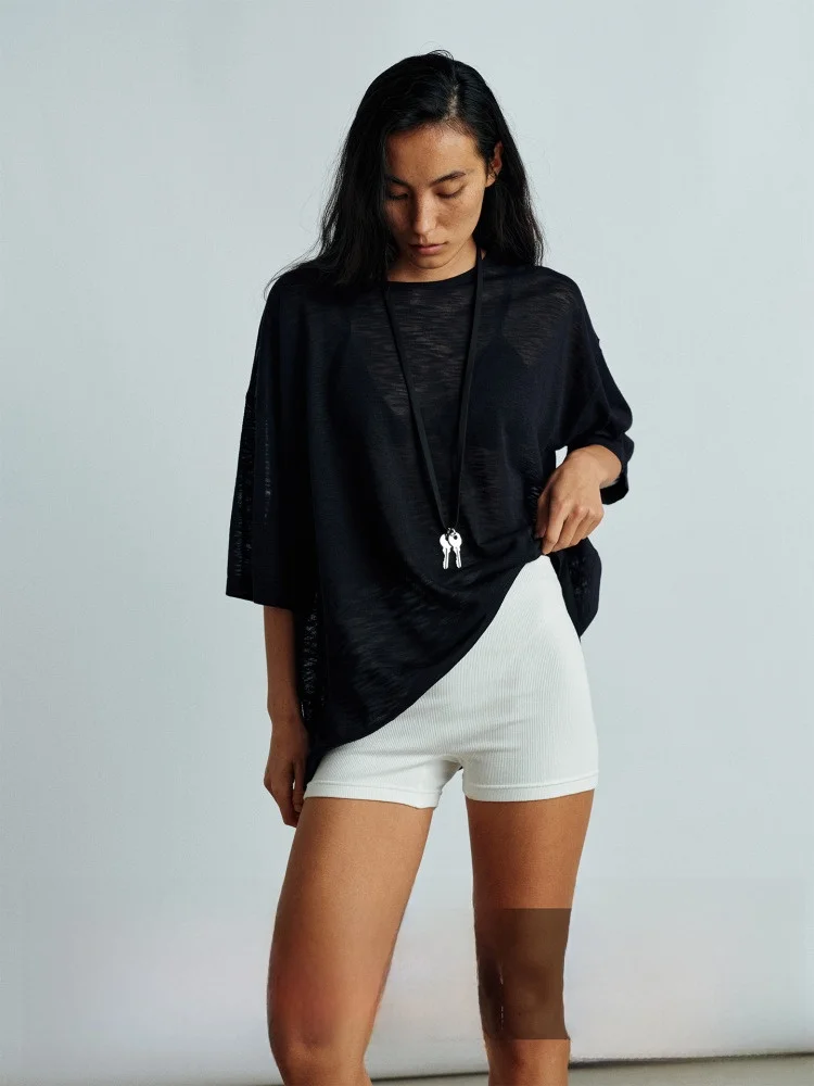 

Легкая вязаная футболка Ayuko с бамбуковой текстурой, свободного кроя, с коротким рукавом, удобная, дышащая, женская, весенняя, модная.