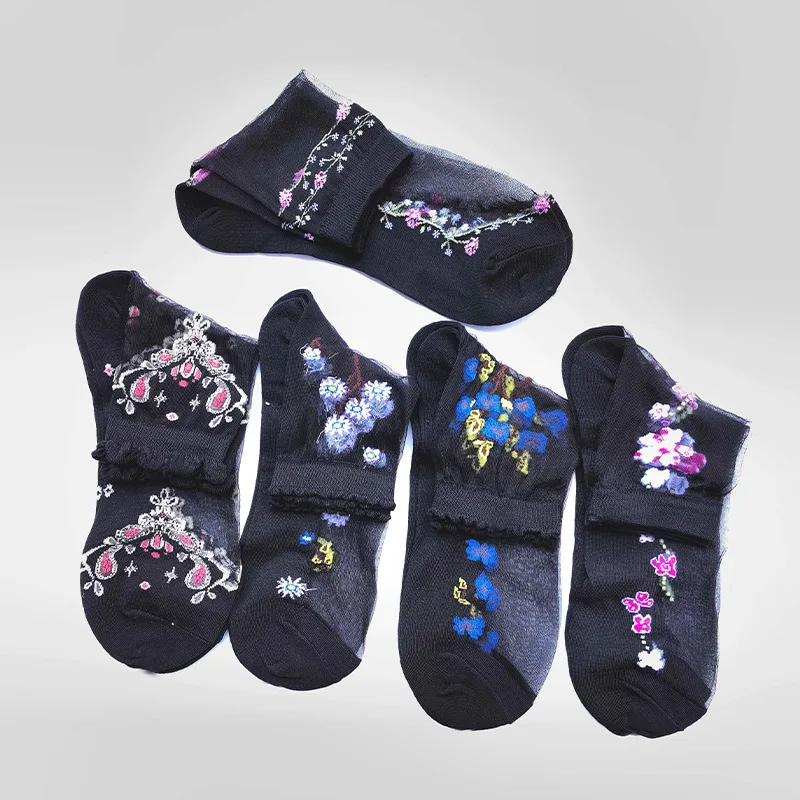 5 pairs Women's Medium Crystal Stockings Thin Embroidered Glass Stockings Women's Socks Middle-aged and Elderly Non-slip Socks