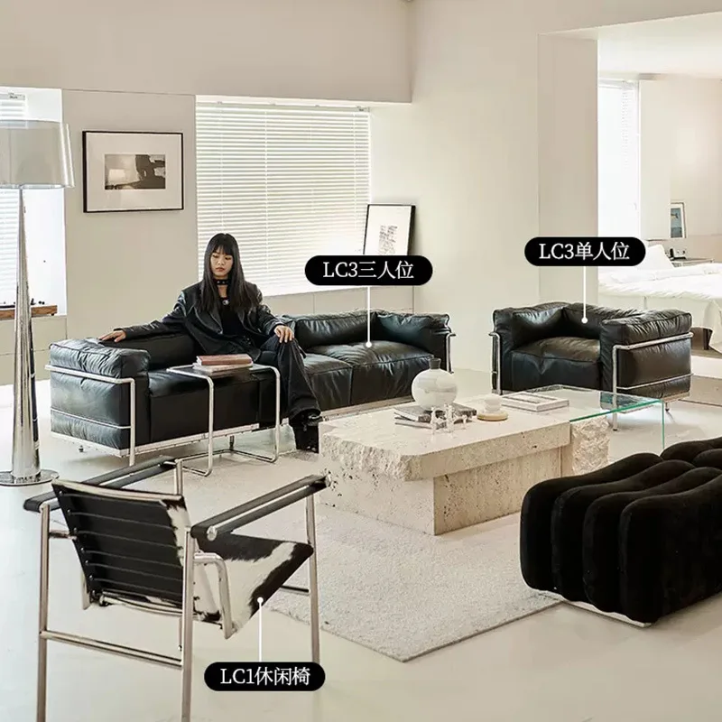 Leather sofa medieval designer living room Italian minimalist straight row sofa combination