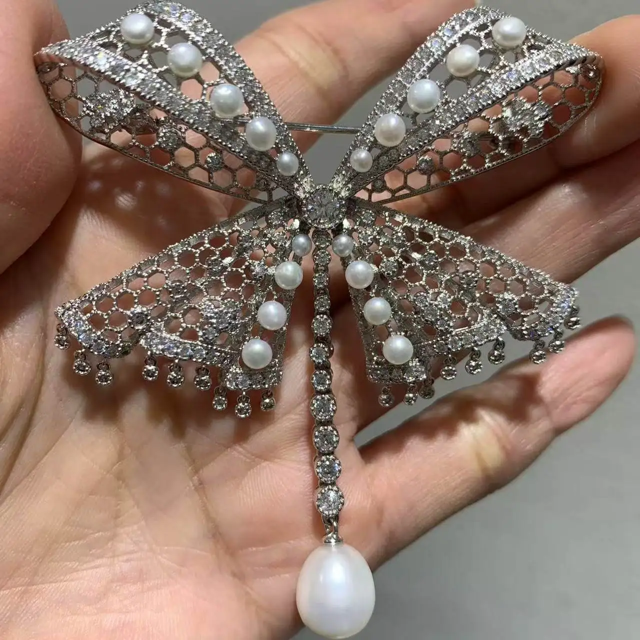 vintage bowknot brooch 925 sterling silver with cubic zircon and fresh water pearl hanging dangle brooch fine women jewerly