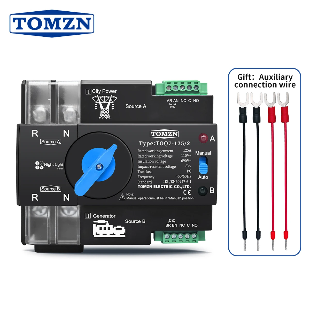 

TOMZN Din Rail ATS 110V 120V Dual Power Automatic Transfer Electrical Selector Switch Uninterrupted 2P 63A 100A 125A