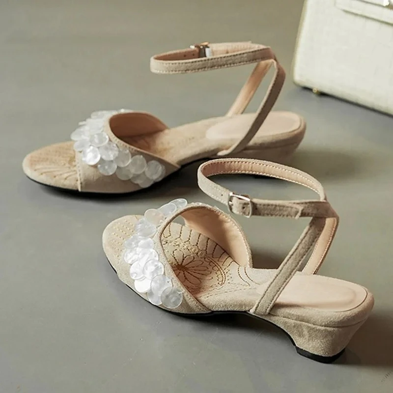 Sandalias Romanas Aneikeh, Color Marrón Vintage, Gamuza, Adorno de Madera, Punta Abierta, Correa de Tobillo, Tacón Cuadrado, Estilo Boho, Sandalias para Mujer