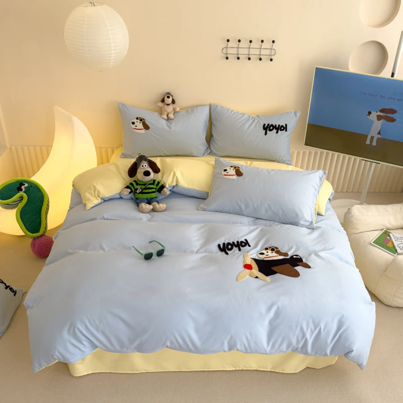 1pc Brushed Washed Cotton Duvet Cover For Kids Towel Embroidery housse de couette 220x240cm Cute Cartoon이불커버（Without Pillowcase）