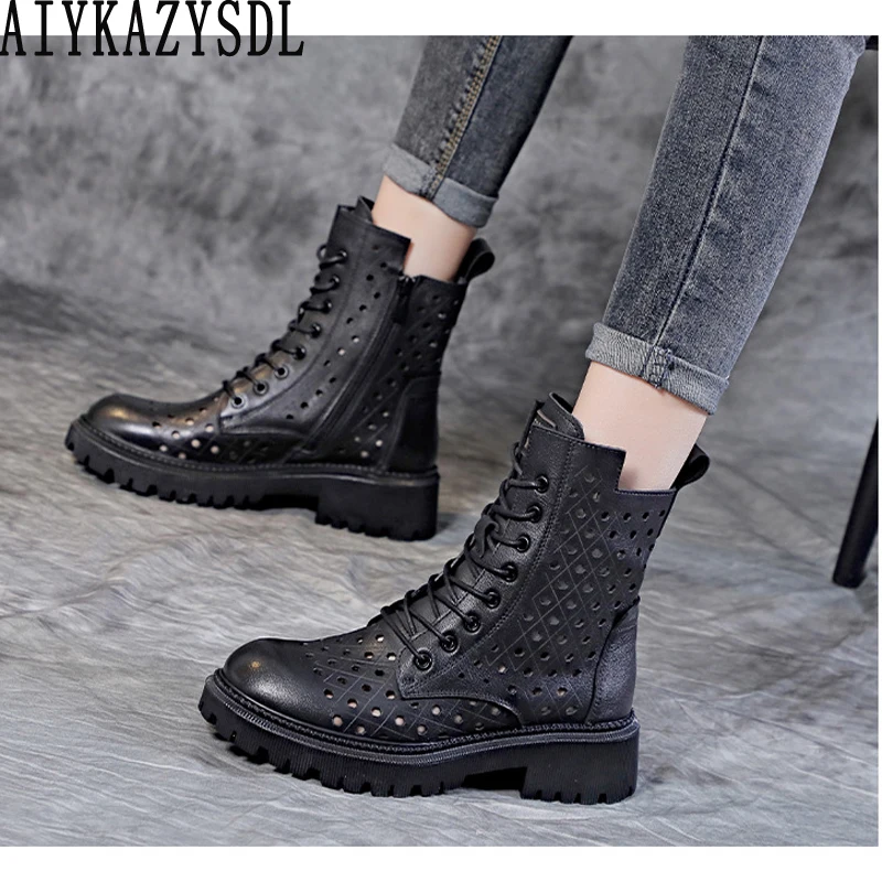 AIYKAZYSDL Ankle Boots Women Genuine Cow Leather Hollow Cut Out Shoes High Top Bootie Round Toe Fashion Female Shoes Handmade