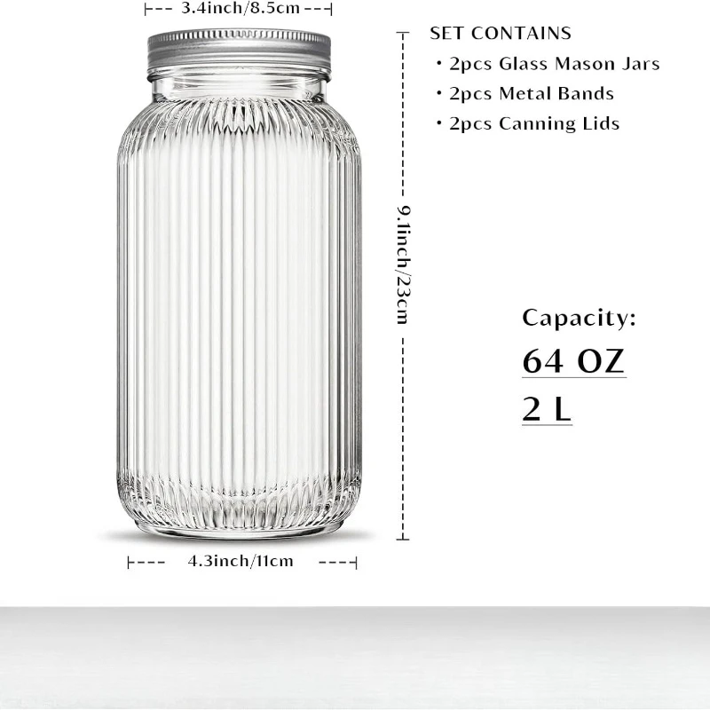 2PCS Wide-Mouth Glass Mason Jars with Screw Lids Threaded Canning Jars  for Pickles Fermented Refrigeration & Pantry Storage - view 6