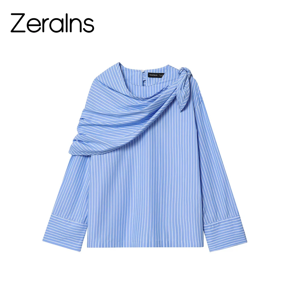 

ZERAINS Korean blue striped shawl style long sleeved shirt top for women in autumn loose and unique beautiful shirt