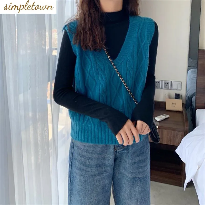 2023 Autumn/Winter Korean Edition New Warm Sleeveless Fashion V-neck Knitted Sweater Tank Top Loose Knitted Sweater Trend